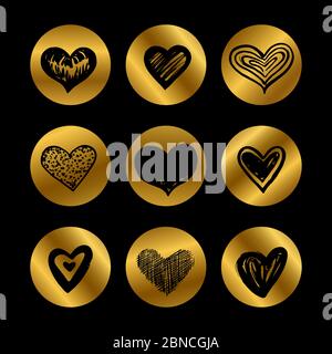 Gold-Symbole mit Hand gezeichnet schwarzen Herzen Vektor-Set isoliert auf schwarzer Illustration Stock Vektor