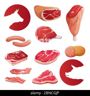 Vektorset für frische Fleisch- und Fleischprodukte. Illustration von Essen Steak, Fleisch Schweinefleisch und Rindfleisch Stock Vektor