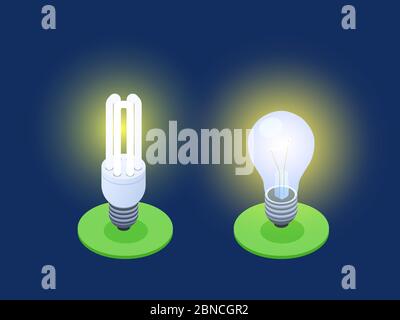 Energiesparende und LED-Lampen isometrische Vektorgrafik. LED-Glühbirne, Strom Strom hell Stock Vektor