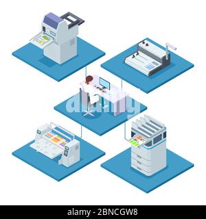 Druckerei mit Frau Opertator isometrischen Vektor-Konzept. Frau Steuerung Verarbeitung Drucker und Multifunktions-elektronischen Druckerei Illustration Stock Vektor