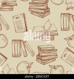 Skizze Vintage Bücher nahtlose Muster oder Hintergrund. Skizze Bildung nahtlose Buch für Schule, Literatur und Apfel Illustration Stock Vektor