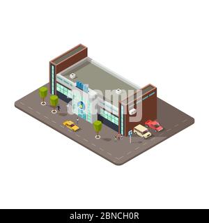 3D-Mall oder Einkaufszentrum mit Menschen, Taxi und Parkplatz mit Autos Vektor-Illustration. Mall 3d und Business Shop isometrisch Stock Vektor