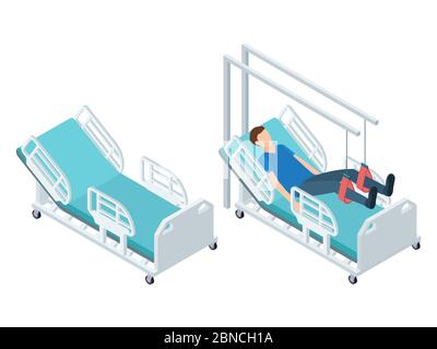 Isometrische medizinische Geräte. Physiotherapie Rehabilitationsausrüstung kostenlos und mit Patientenvektor Illustration. Mann Rehabilitation Verfahren im Bett Stock Vektor