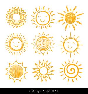 Skizze Sonnensymbole. Von Hand gezeichnete Sonne. Sonnenaufgang am Sommermorgen. Doodle Vektor Erwärmung Symbole isoliert. Illustration der sonnigen Sonnenschein Skizze Stock Vektor