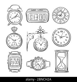 Skizzenuhr. Doodle Uhr, Wecker und Timer, Sanduhr Sanduhr Sanduhr. Handgezeichnete Zeitvektor vintage isolierte Symbole. Abbildung von Uhr und Timer, Alarm und Sanduhr Stock Vektor