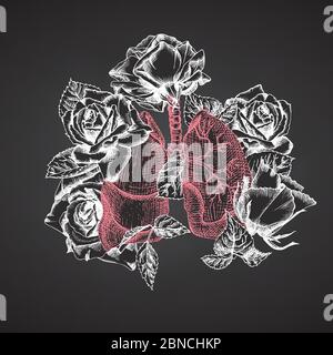 Lungen mit Strauß Rosen auf Tafel realistische handgezeichnete Ikone des menschlichen inneren Organs und Blumenrahmen. Skizze Gravur Stil Medizinische post-virale Stock Vektor