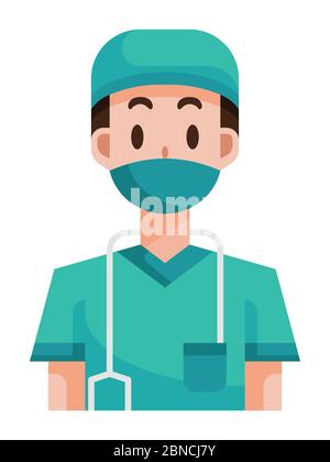 Clip-Art Vektordarstellung eines Arztes, der während einer Corona-Virus-Pandemie eine schützende Gesichtsmaske und ein Stethoskop trägt Stockfoto