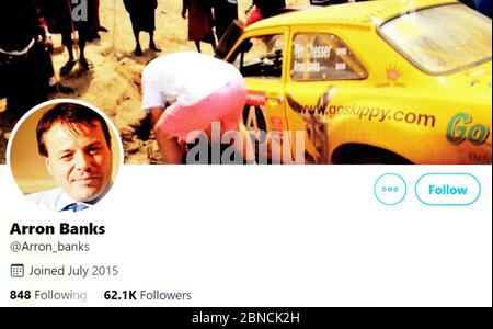Twitter-Seite (Mai 2020) : Arron Banks - britischer Geschäftsmann und politischer Geber. Mitbegründer der Leave.EU Kampagne. Stockfoto