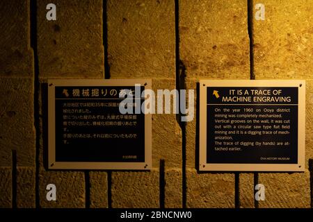 Tochigi, Japan - 21. März 2019: Blick von Oya History Museum, ein Museum und Event Space gebaut in einem massiven ehemaligen Steinbruch im Nordwesten Utsun Stockfoto