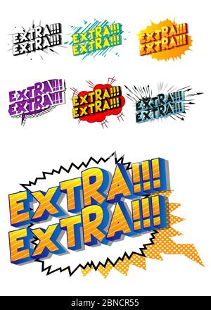 Extra!!! Extra!!! - Comic-Stil Wort auf abstraktem Hintergrund. Stock Vektor