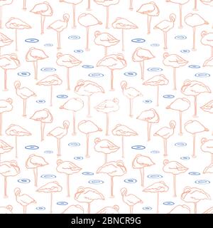 Elegantes Doodle-Muster mit grafischer Umrandung im Flamingo-Sommermuster. Handgezeichneter Flamingo Vogel und See auf weißem Hintergrund. Klassische einfache Sommer-Kulisse. Stock Vektor