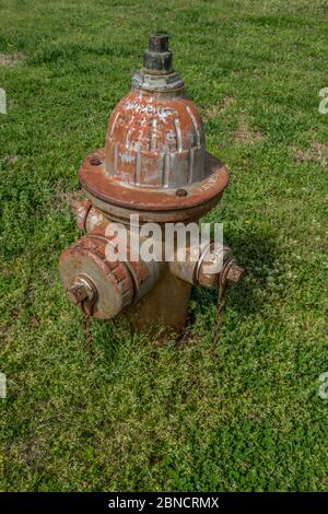 Ein alter Hydrant mit einer Patina, der noch mit Unkraut und Gräsern bedeckt ist, die die Basis umgaben, wurde an einem sonnigen Tag auf einem Feld gelassen Stockfoto