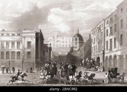 General Post Office, St. Martin's Le Grand, London, England, 19. Jahrhundert. Aus der Geschichte Londons: Illustriert durch Ansichten in London und Westminster, erschienen um 1838. Stockfoto