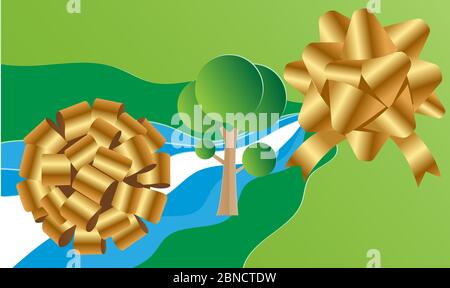 Kunst von zwei goldenen Blumen auf abstrakt grünem Hintergrund Stock Vektor