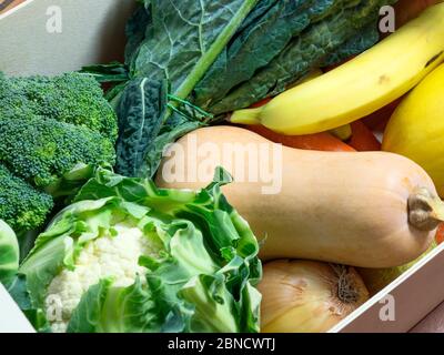 Eine wöchentliche Obst- und Gemüsebox aus einem lokalen Hofladen Stockfoto