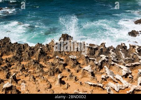 Fischerroute im Alentejo, Promenade mit Klippen in Portugal. Holzweg entlang der Küste. Stockfoto