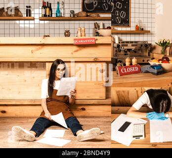 Collage von schockierten Cafe Besitzer auf dem Boden Blick auf Papier und Frau in der Nähe von Dokumenten, Rechner und Smartphone am Tisch Stockfoto