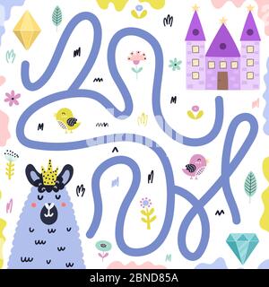 Labyrinth-Spiel für Kinder mit lustigen Lama König Stock Vektor