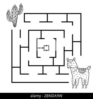 Schwarz und weiß quadratische Form Labyrinth-Spiel mit lustigen Lama Stock Vektor