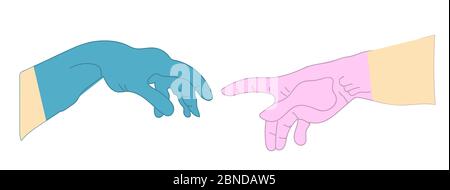 ZWEI Hände in Latexhandschuhe isoliert auf weißem Hintergrund. Illustration. Stockfoto