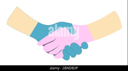 ZWEI Hände in Latexhandschuhe isoliert auf weißem Hintergrund. Illustration. Händeschütteln, Begrüßung und Berührung. Stockfoto