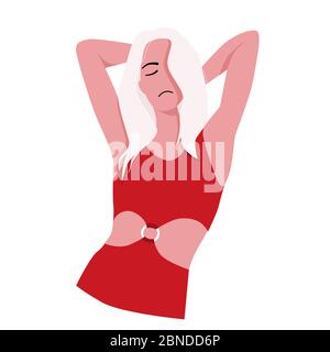 Mädchen weiß blond dehnt nach dem Schlaf. Hände hinter dem Kopf. Rotes Kleid. Illustration auf weißem Hintergrund. Stockfoto