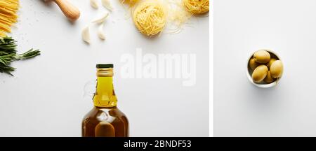 Collage aus Flasche Olivenöl, Pasta, Knoblauch, Rosmarin und Schüssel mit Oliven auf weißem Hintergrund, Panorama-Aufnahme Stockfoto