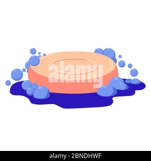 Seifenstück mit Schaum auf weißem Hintergrund isoliert. Vektor flache Abbildung. Seifenstück mit Blasen. Rosa Badeseife im Wasser. Stock Vektor