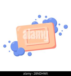 Seifenstück mit Schaum auf weißem Hintergrund isoliert. Vektor flache Abbildung. Seifenstück mit Blasen. Rosa Badeseife im Wasser. Stock Vektor