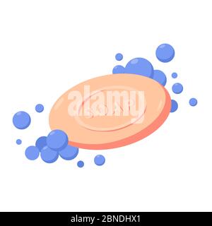 Seifenstück mit Schaum auf weißem Hintergrund isoliert. Vektor flache Abbildung. Seifenstück mit Blasen. Rosa Badeseife im Wasser. Stock Vektor