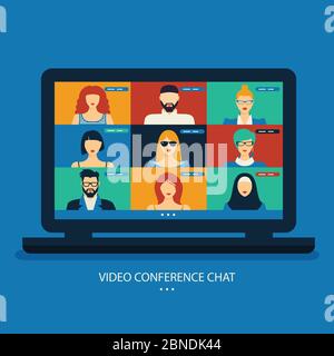 Bleiben Sie zu Hause und arbeiten Sie im Internet. Videokonferenz-Chat-Illustration. Arbeitsplatz, Laptop-Bildschirm, Personengruppe. Streamen, Web-Chat, Treffen mit Freunden Stock Vektor