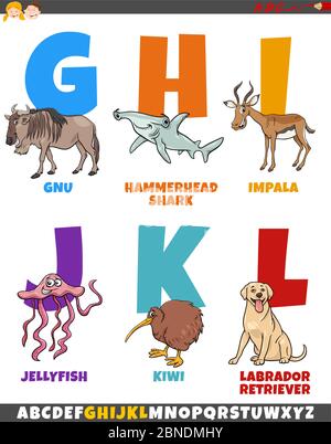 Cartoon Illustration von bunten Alphabet von Buchstaben G bis L mit lustigen Tier Zeichen Stock Vektor