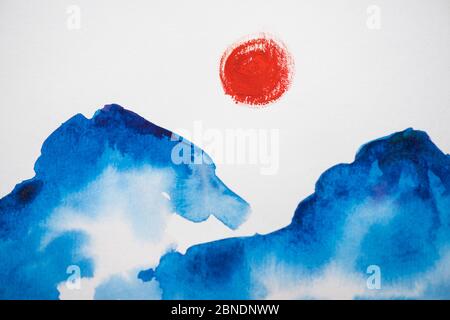 Japanische Malerei mit Wolken und Sonne auf Weiß Stockfoto
