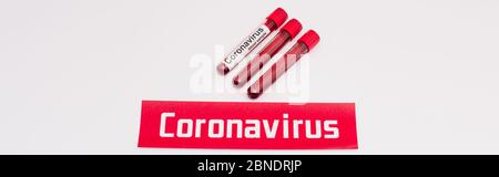 Website-Header der Karte mit Coronavirus-Schriftzug in der Nähe von Reagenzgläsern mit Blutproben auf weiß Stockfoto