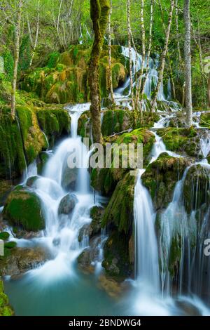 Abstürzende Toberia Wasserfälle, Andoin, Naturpark der Sierra Entzia, Alava, Baskenland, Spanien, April. Stockfoto