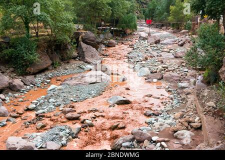 Holzbrücke über den Fluss Ourika, Dorf Setti-Fatma in der Nähe von Marrakesch, Marokko Stockfoto