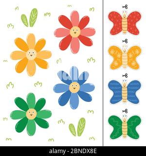 Blumen und Schmetterlinge Farbe passenden Spiel für Kinder Stock Vektor