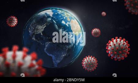 Planet Erde unter Angriff des neuartigen Coronavirus Covid-19. 3d-Darstellung. Stockfoto