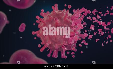 Ende des gesundheitsbedrohlichen Novel Coronavirus Covid-19. Illustration der Zerstörung von Viren zerbrechen in Stücke. 3d-Rendern. Stockfoto