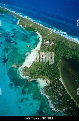 Luftaufnahme des Besucherzentrums, Contoy Island National Park, Mesoamerican Reef System, in der Nähe von Cancun, Karibik, Mexiko, Januar Stockfoto