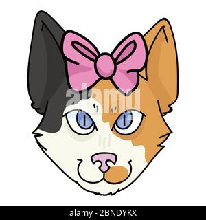 Nette Cartoon japanische Bobtail Katze Gesicht mit rosa Bogen Vektor Clipart. Ahnenkätzchen Rasse für Katzenliebhaber. Reinrassige calico häusliche Kätzchen für Haustier Stock Vektor