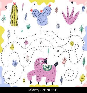 Bright Labyrinth-Spiel für Kinder mit einem lustigen Lama Stock Vektor