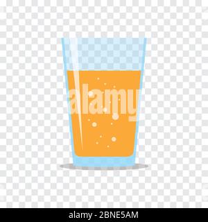 Drei Viertel Glas mit frischem, funkelndem Orangensaft. Flaches Symbol auf kariertem Hintergrund isoliert. Gelbe Flüssigkeit in transparentem Behälter. Styli Stock Vektor