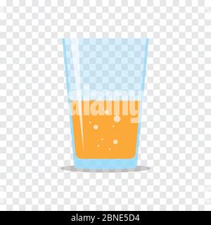 Glas halb gefüllt mit frischem, funkelnden Orangensaft. Flaches Symbol auf kariertem Hintergrund isoliert. Gelbe Flüssigkeit in transparentem Behälter. Stilisierter Vektor Stock Vektor