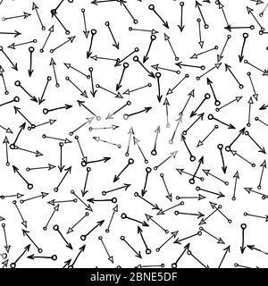 Handgezeichnete gerade Pfeile zufällig auf weißem Hintergrund platziert. Nahtloses Muster. Rechts, links, oben und unten abstrakte Zeiger mit Pfeilspitzen-Umhüllung Stock Vektor