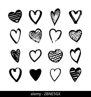 Herz-Symbole von Hand gezeichnet Set in Doodle-Stil. Skizzenhafte Designelemente für Valentinstag oder Hochzeit. Schwarze Love-Symbole auf Weiß isoliert. Vektor-eps8 i Stock Vektor