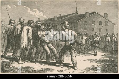 Antike Gravur von 1866, die leidenden Gefangenen und die grausamen Wachen im Libby Prison, einem Gefängnis der Konföderierten in Richmond, Virginia, während des amerikanischen Bürgerkriegs. QUELLE: ORIGINALGRAVUR Stockfoto