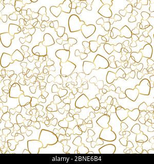 Zwei Herzen nahtloses Muster. Goldene Herzpaare, die zufällig auf weißem Hintergrund platziert werden. Liebe Stil Verpackung Textur für Valentinstag Geschenk oder Stock Vektor