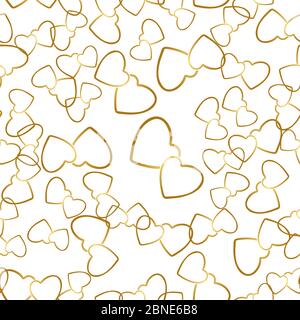Zwei Herzen nahtloses Muster. Goldene Herzpaare, die zufällig auf weißem Hintergrund platziert werden. Romantische Verpackung Textur für Valentinstag Geschenk oder gr Stock Vektor