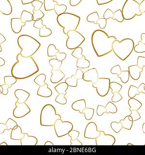 Zwei Herzen nahtloses Muster. Goldene Herzpaare, die zufällig auf weißem Hintergrund platziert werden. Romantische Verpackung Textur für Valentinstag Geschenk oder gr Stock Vektor